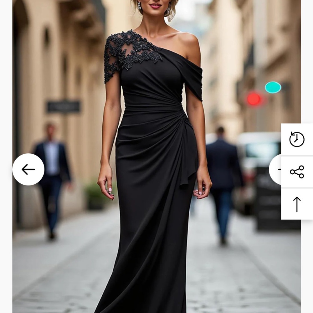 Elegant Black One-Shoulder Mermaid Dress with Floral Appliqué
